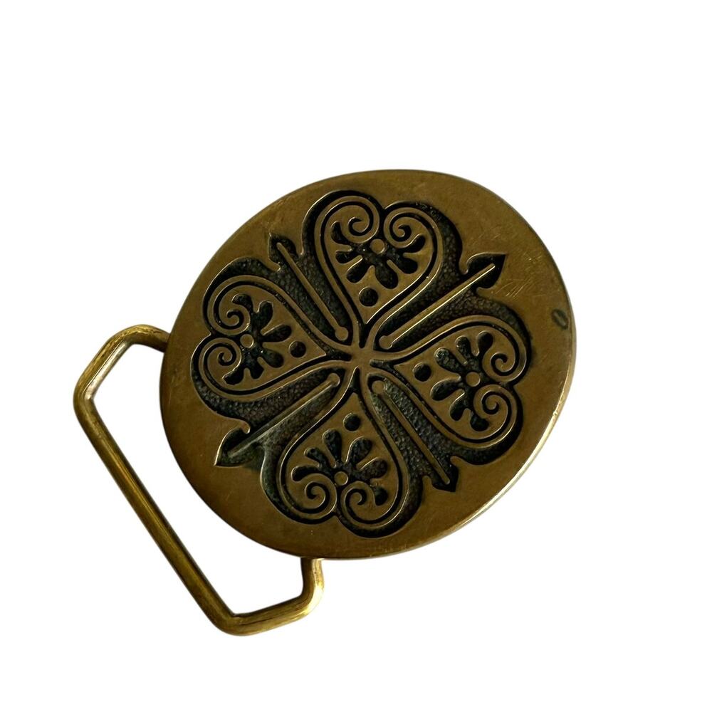 Vintage BTS Solid Brass Belt Buckle Made in USA Clover Floral Design